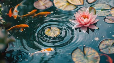 A tranquil water feature with radiant goldfish swimming gracefully beneath the surface, symbolizing prosperity and abundance.の素材