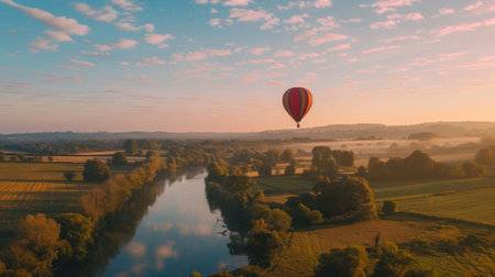 A tranquil aerial view of a picturesque countryside with a hot air balloon drifting gracefully through the sky, offering a serene mode of travel.の素材