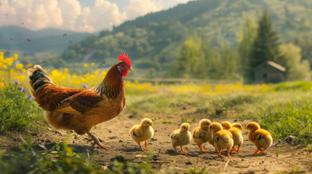 A vibrant rural scene with a mother hen leading her chicks on a sunny day, a heartwarming display of maternal care and guidance.の素材