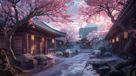 A tranquil temple courtyard adorned with sakura trees, offering a peaceful retreat amidst the bustle of city life.の素材