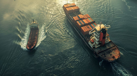 A tugboat guiding a massive cargo ship into port, a testament to the skilled teamwork required for safe navigation.の素材