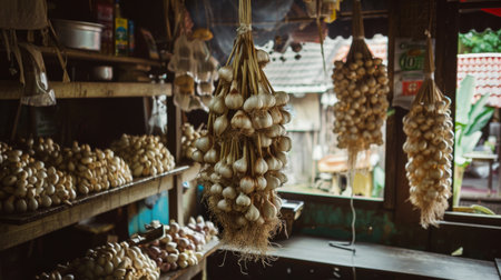 A traditional Thai kitchen with strings of garlic bulbs hanging to dry, preserving their flavor for use in future culinary creations.の素材