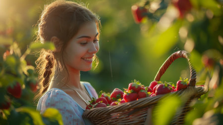A young woman holding a basket of freshly picked strawberries, her face lit up with joy and satisfaction from the fruitful harvest.の素材