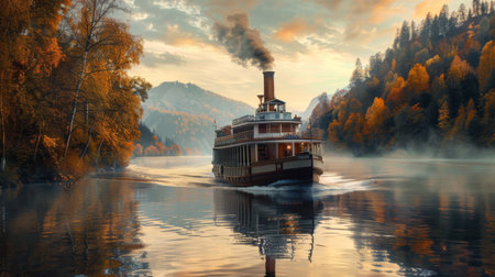 A vintage steamboat churning down a winding river, a nostalgic reminder of a bygone era of leisurely travel.の素材