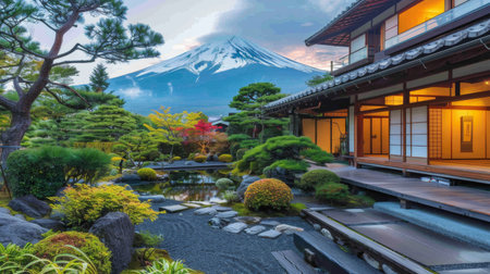 A tranquil garden landscape with Mount Fuji in the background, blending natural beauty with traditional Japanese architecture and design.の素材