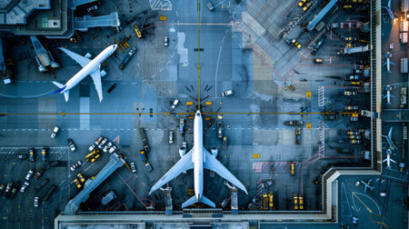 An aerial view of a bustling airport terminal with planes parked at gates, illustrating the hub of activity in air transportation.の素材