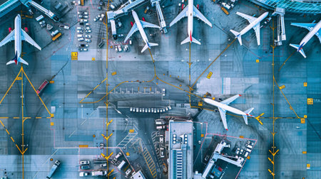 An aerial view of a bustling airport terminal with planes parked at gates, illustrating the hub of activity in air transportation.の素材