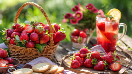A whimsical strawberry-themed picnic spread with strawberry-shaped cookies, strawberry lemonade, and a basket of fresh berriesの素材