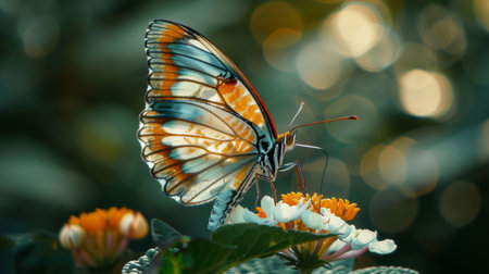 Close-up of a delicate butterfly perched on a blooming flower, its intricate patterns illuminated in vivid detail.の素材