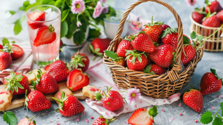 A whimsical strawberry-themed picnic spread with strawberry-shaped cookies, strawberry lemonade, and a basket of fresh berriesの素材
