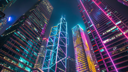 An architectural masterpiece of a skyscraper illuminated by vibrant LED lights at night, adding a touch of glamour and spectacle to the urban skyline.の素材