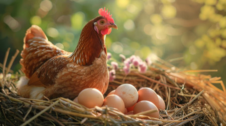 Close-up of a hen sitting on her clutch of eggs, her gentle warmth fostering the miracle of new life.の素材