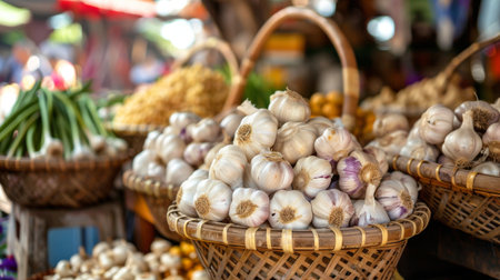 A vibrant market scene with baskets overflowing with fresh garlic bulbs, a staple ingredient in Thai cuisine.の素材