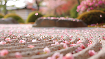 A tranquil zen garden with sakura petals strewn across the raked gravel, evoking a sense of calm and tranquility.の素材