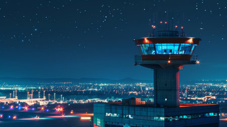 An airport control tower against a backdrop of city lights at night, overseeing the safe takeoff and landing of aircraft with precision and expertise.の素材