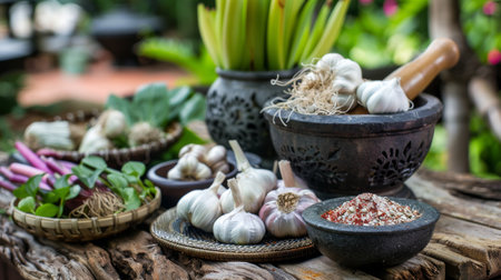 A vibrant Thai kitchen scene with garlic bulbs and mortar, essential ingredients for creating authentic Thai flavors.の素材