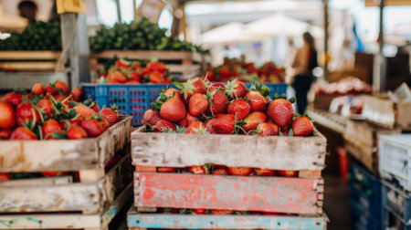 A vibrant farmers' market stall brimming with crates of ripe strawberries, attracting eager customers with their irresistible freshnessの素材