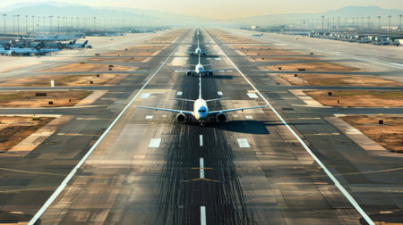 An aerial view of a busy airport runway with planes taxiing for takeoff, capturing the dynamic energy of air travel.の素材