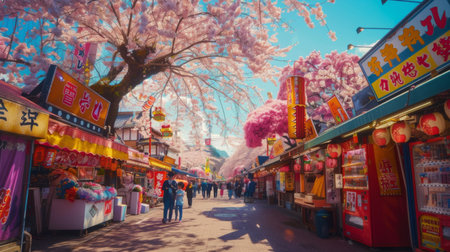 A vibrant street festival celebrating the sakura season, with colorful floats and lively performances under a canopy of blossoms.の素材