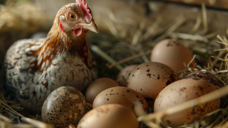Close-up of a hen sitting on her clutch of eggs, her gentle warmth fostering the miracle of new life.の素材