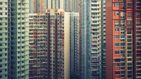 An urban jungle of high-rise buildings stretching as far as the eye can see, symbolizing the density and dynamism of modern city living.の素材