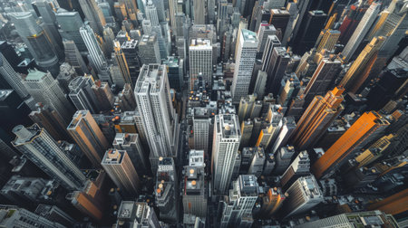 An urban jungle of high-rise buildings stretching as far as the eye can see, symbolizing the density and dynamism of modern city living.の素材