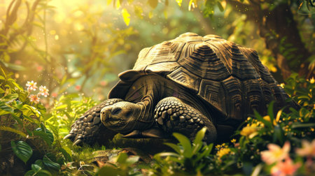 An old tortoise basking in the warm sunlight, surrounded by lush greenery.の素材