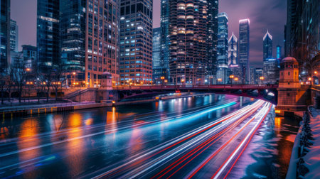 An artistic long exposure capture of light trails from passing vehicles on a bridge over a glistening river, depicting the vibrant energy of urban nightlife.の素材
