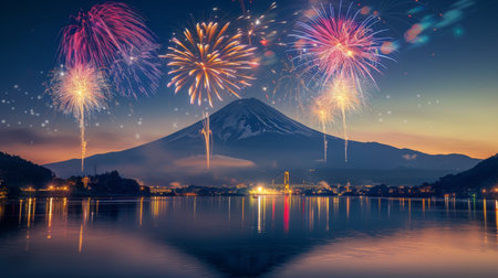 A vibrant fireworks display illuminating the night sky above Mount Fuji during a festive celebration, capturing the magic of Japan's cultural traditions.の素材