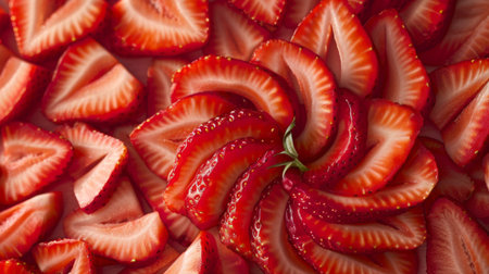 An artistic composition of sliced strawberries arranged in a spiral pattern, showcasing their natural beauty and vibrant color palette.の素材