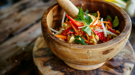 A wooden mortar and pestle filled with ingredients for som tam, ready to be transformed into a flavorful salad.の素材