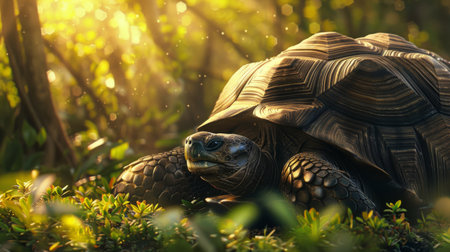 An old tortoise basking in the warm sunlight, surrounded by lush greenery.の素材