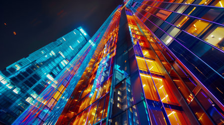 An architectural masterpiece of a skyscraper illuminated by vibrant LED lights at night, adding a touch of glamour and spectacle to the urban skyline.の素材