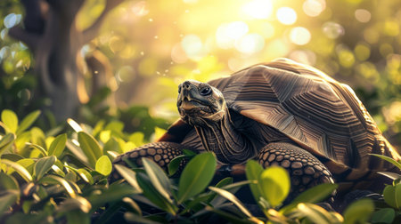 An old tortoise basking in the warm sunlight, surrounded by lush greenery.の素材