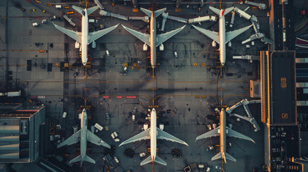 An aerial view of a bustling airport terminal with planes parked at gates, illustrating the hub of activity in air transportation.の素材