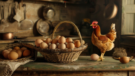 A cozy kitchen scene with a basket of farm-fresh eggs collected by attentive mother hens, ready to nourish and delight.の素材