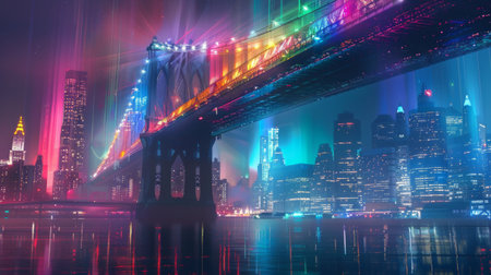 A dynamic urban panorama featuring a suspension bridge lit up in vibrant colors, creating a dazzling spectacle against the backdrop of city skyscrapers and twinkling lights.の素材