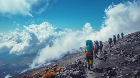 A group of adventurous hikers trekking along the scenic trails of Mount Fuji, surrounded by breathtaking vistas of rugged terrain and distant clouds.の素材