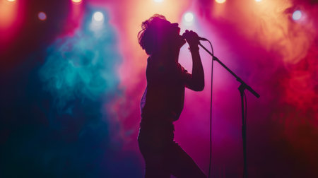 A dramatic silhouette of a singer on stage, microphone raised triumphantly against a backdrop of vibrant stage lights.の素材