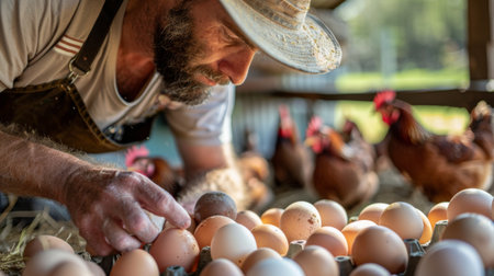 A farmer carefully inspecting freshly gathered eggs, marveling at the beauty and abundance provided by dedicated mother hens.の素材