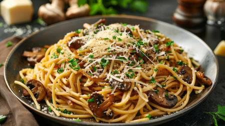 A gourmet pasta dish adorned with porcini mushrooms and shaved Parmesan cheese, a culinary masterpiece inspired by nature's bounty.の素材