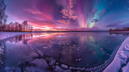 A panoramic view of a frozen lake reflecting the vivid hues of the northern lights, creating a surreal and captivating scene.の素材