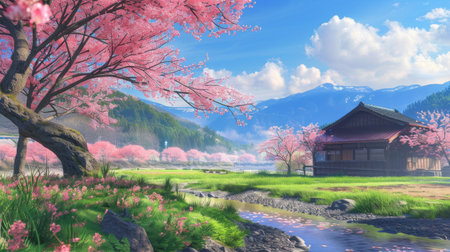 A serene countryside scene with sakura trees in bloom, a peaceful retreat from the hustle and bustle of city life.の素材