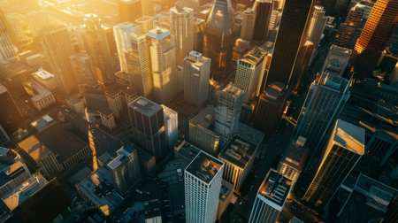 A dramatic aerial perspective of a city's central business district, with skyscrapers casting long shadows over the streets below during golden hour.の素材