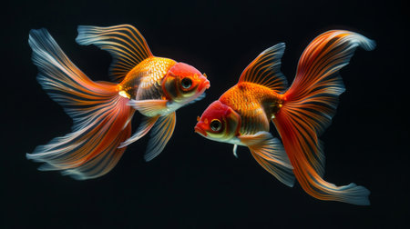 A pair of vibrant goldfish swimming gracefully in perfect harmony, symbolizing unity and balance in nature.の素材
