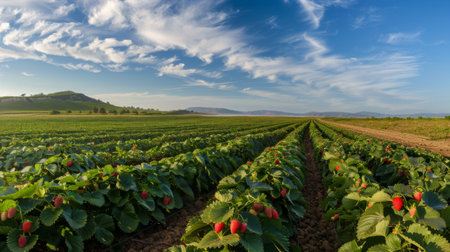 A panoramic view of endless strawberry fields stretching towards the horizon, a testament to nature's bounty and agricultural abundance.の素材
