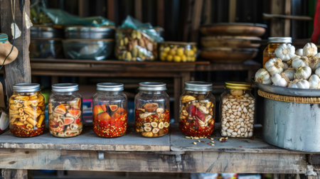 A rustic Thai street food stall with jars of pickled garlic and chili sauce, adding a spicy kick to local favorites.の素材