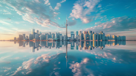 A serene aerial view of a city's waterfront skyline, with majestic skyscrapers reflected in the calm waters below, creating a stunning visual spectacle.の素材