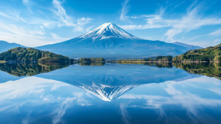 A serene landscape featuring Mount Fuji reflected in the tranquil waters of a pristine lake, capturing the mountain's iconic symmetry and grace.の素材