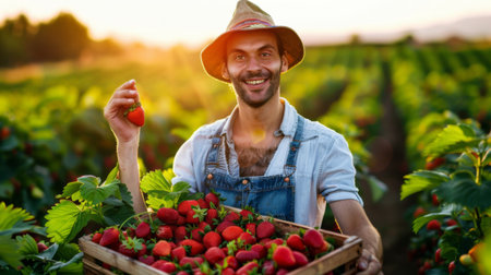 A farmer proudly holding a crate of ripe strawberries against the backdrop of a flourishing strawberry field, celebrating a bountiful harvest.の素材